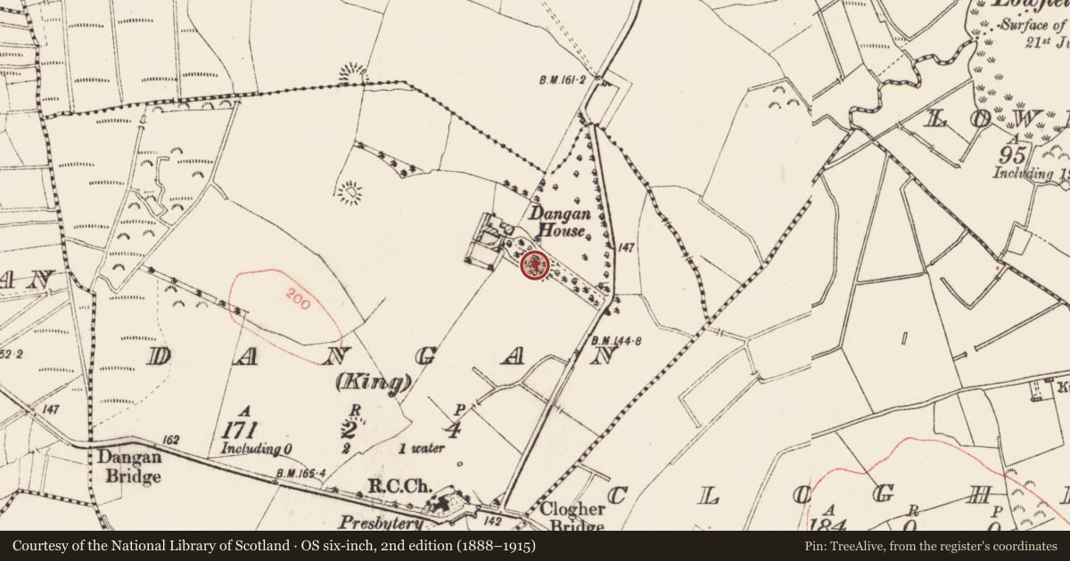 Ordnance Survey six-inch map, 2nd edition (1888–1915) covering the location of Enclosure, Dangan (King), County Roscommon, with a pin at the register's coordinates