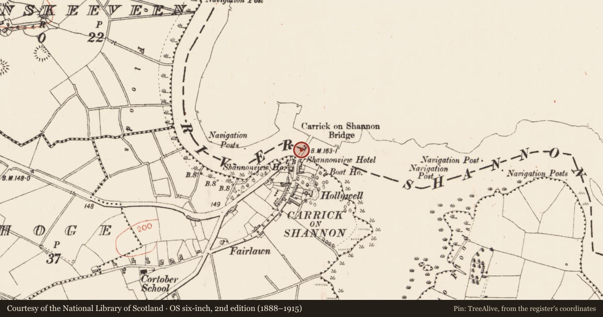 Ordnance Survey six-inch map, 2nd edition (1888–1915) covering the location of Bridge, Cortober, County Roscommon, with a pin at the register's coordinates