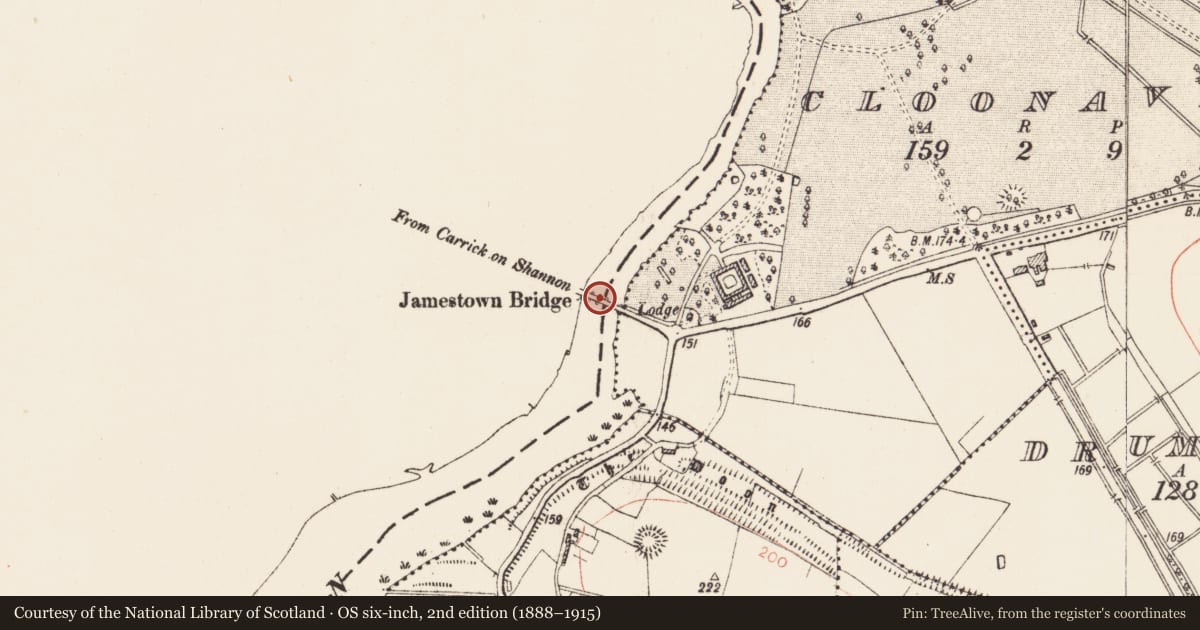 Ordnance Survey six-inch map, 2nd edition (1888–1915) covering the location of Bridge, Cloonavery, County Roscommon, with a pin at the register's coordinates