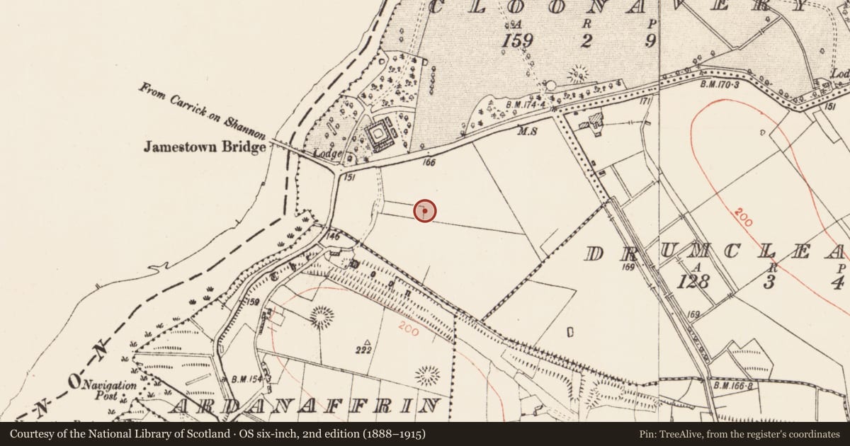 Ordnance Survey six-inch map, 2nd edition (1888–1915) covering the location of Enclosure, Cloonavery, County Roscommon, with a pin at the register's coordinates