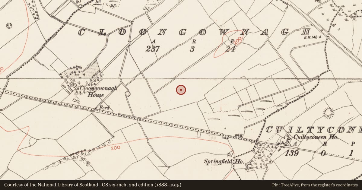 Ordnance Survey six-inch map, 2nd edition (1888–1915) covering the location of Enclosure, Cloongownagh, County Roscommon, with a pin at the register's coordinates