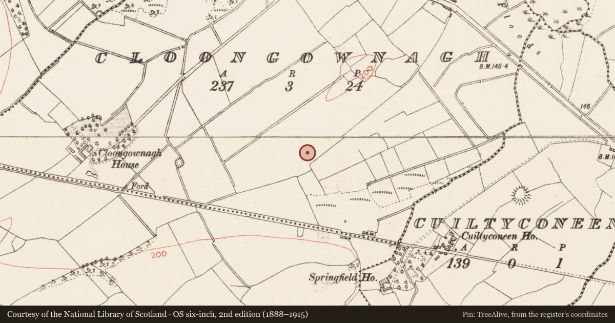 Ordnance Survey six-inch map, 2nd edition (1888–1915) covering the location of Burnt mound, Cloongownagh, County Roscommon, with a pin at the register's coordinates