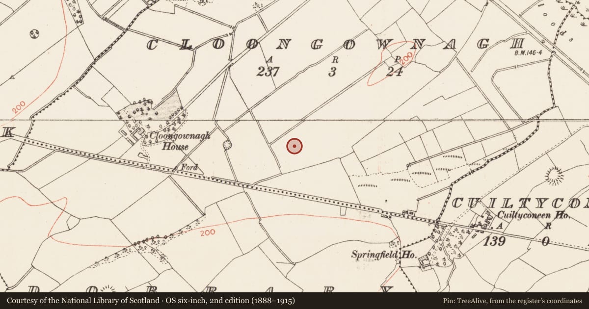 Ordnance Survey six-inch map, 2nd edition (1888–1915) covering the location of House - prehistoric, Cloongownagh, County Roscommon, with a pin at the register's coordinates