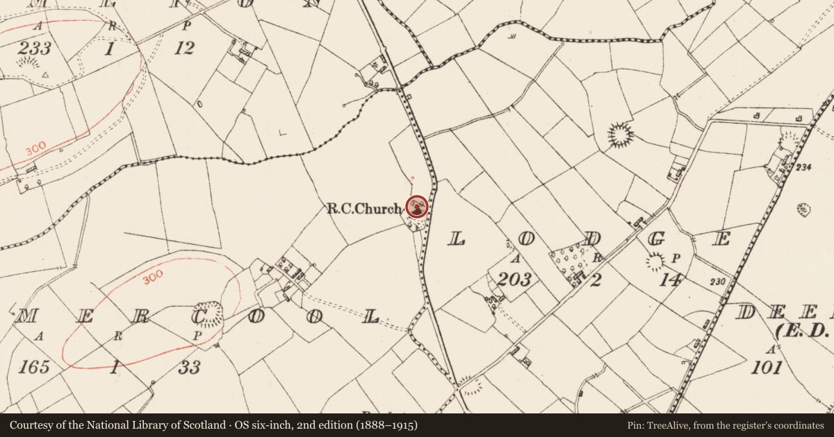 Ordnance Survey six-inch map, 2nd edition (1888–1915) covering the location of Mass-rock (present location), Drumercool, County Roscommon, with a pin at the register's coordinates