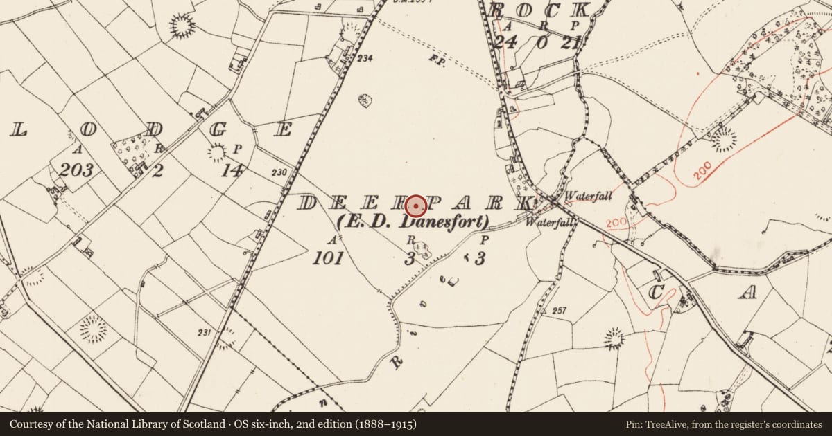 Ordnance Survey six-inch map, 2nd edition (1888–1915) covering the location of Field system, Deerpark, County Roscommon, with a pin at the register's coordinates