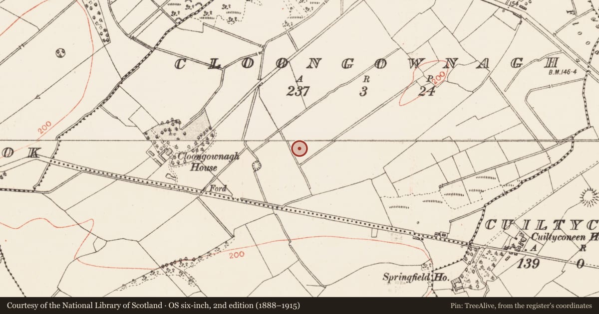 Ordnance Survey six-inch map, 2nd edition (1888–1915) covering the location of Burnt mound, Cloongownagh, County Roscommon, with a pin at the register's coordinates