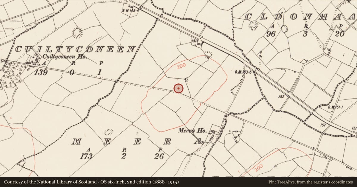 Ordnance Survey six-inch map, 2nd edition (1888–1915) covering the location of Ringfort - rath, Meera, County Roscommon, with a pin at the register's coordinates