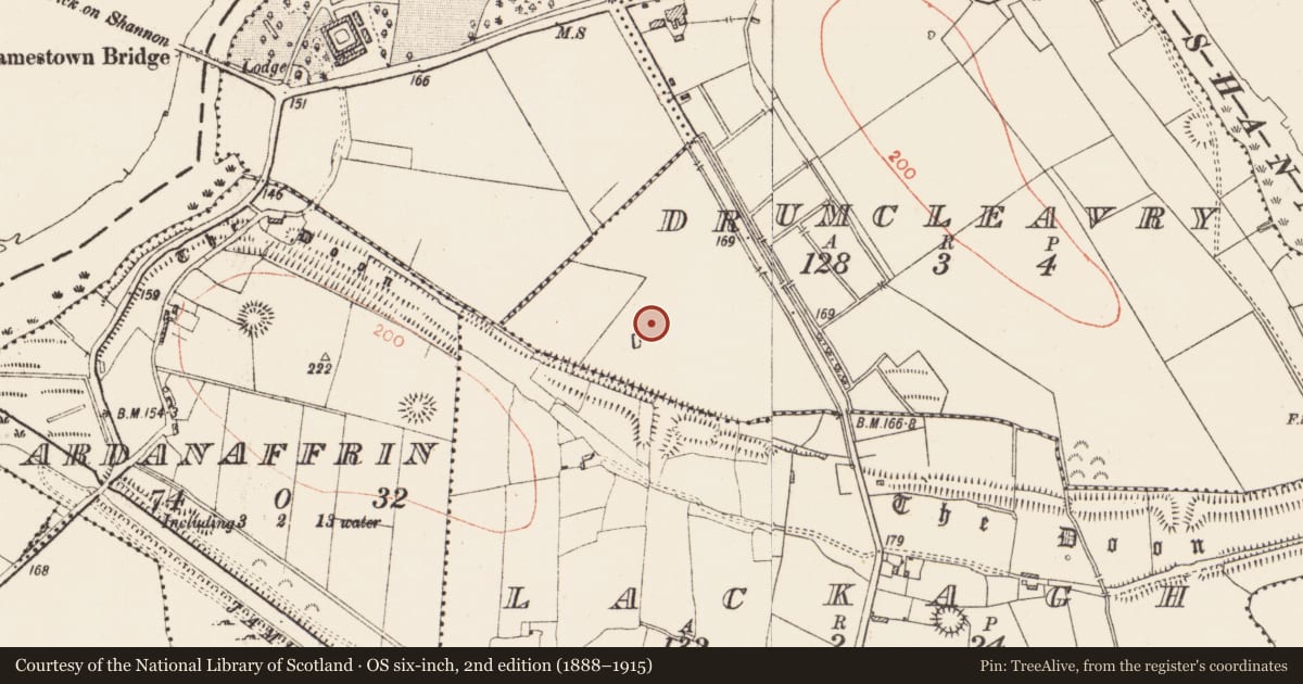 Ordnance Survey six-inch map, 2nd edition (1888–1915) covering the location of Ringfort - rath, Drumcleavry, County Roscommon, with a pin at the register's coordinates