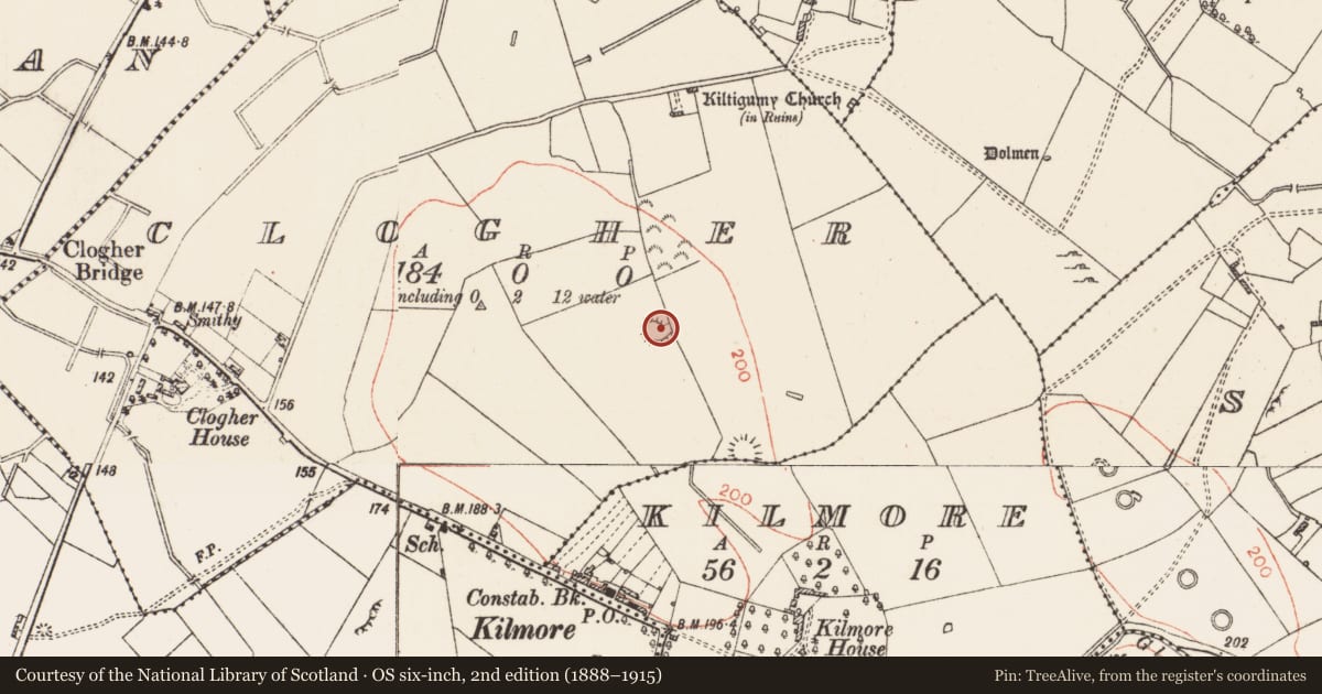 Ordnance Survey six-inch map, 2nd edition (1888–1915) covering the location of Ringfort - rath, Clogher, County Roscommon, with a pin at the register's coordinates