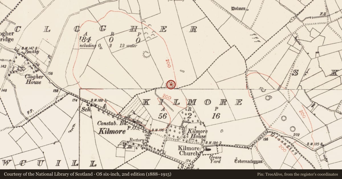 Ordnance Survey six-inch map, 2nd edition (1888–1915) covering the location of Ringfort - rath, Clogher, Kilmore, County Roscommon, with a pin at the register's coordinates