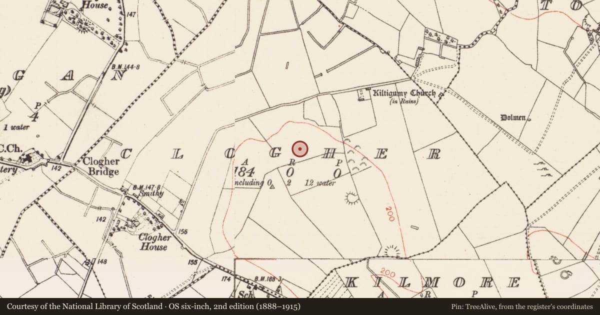 Ordnance Survey six-inch map, 2nd edition (1888–1915) covering the location of Ringfort - rath, Clogher, County Roscommon, with a pin at the register's coordinates