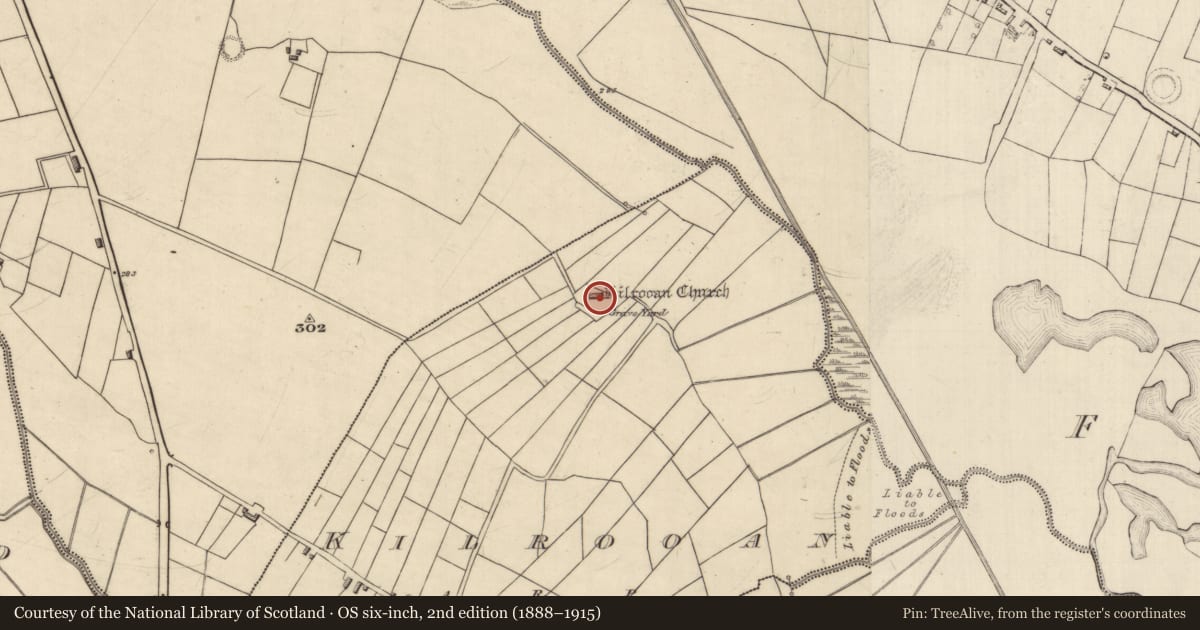 Ordnance Survey six-inch map, 2nd edition (1888–1915) covering the location of Graveyard, Kilrooan, County Roscommon, with a pin at the register's coordinates