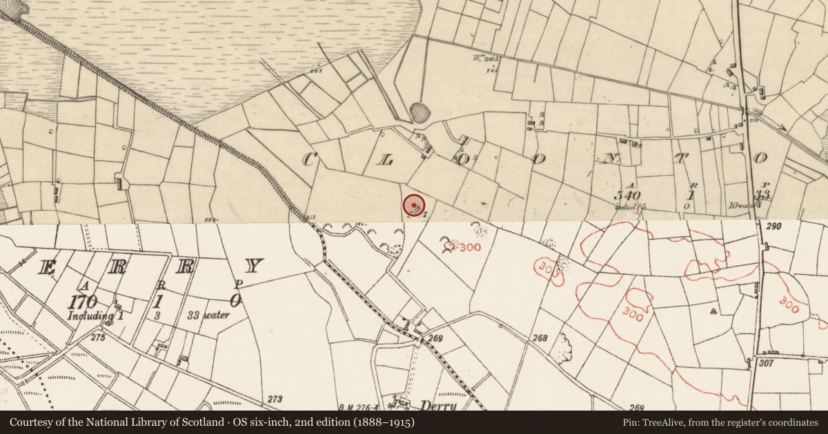 Ordnance Survey six-inch map, 2nd edition (1888–1915) covering the location of Barrow - unclassified, Cloontowart, County Roscommon, with a pin at the register's coordinates