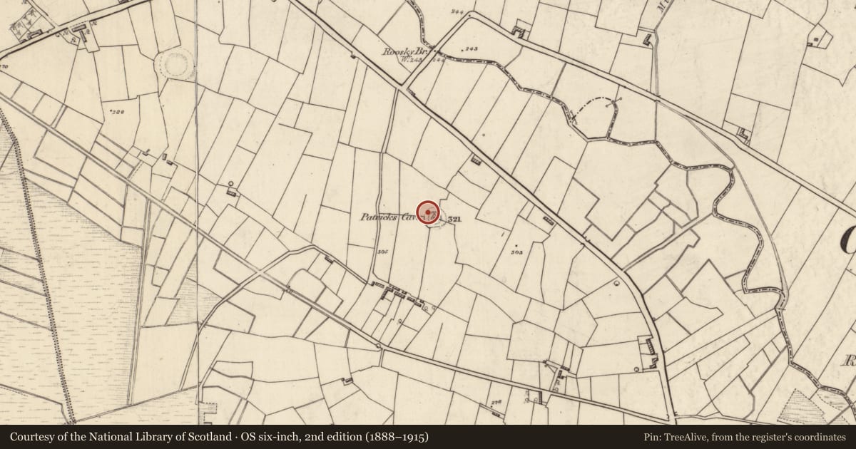 Ordnance Survey six-inch map, 2nd edition (1888–1915) covering the location of Burial, Kiltybranks, County Roscommon, with a pin at the register's coordinates