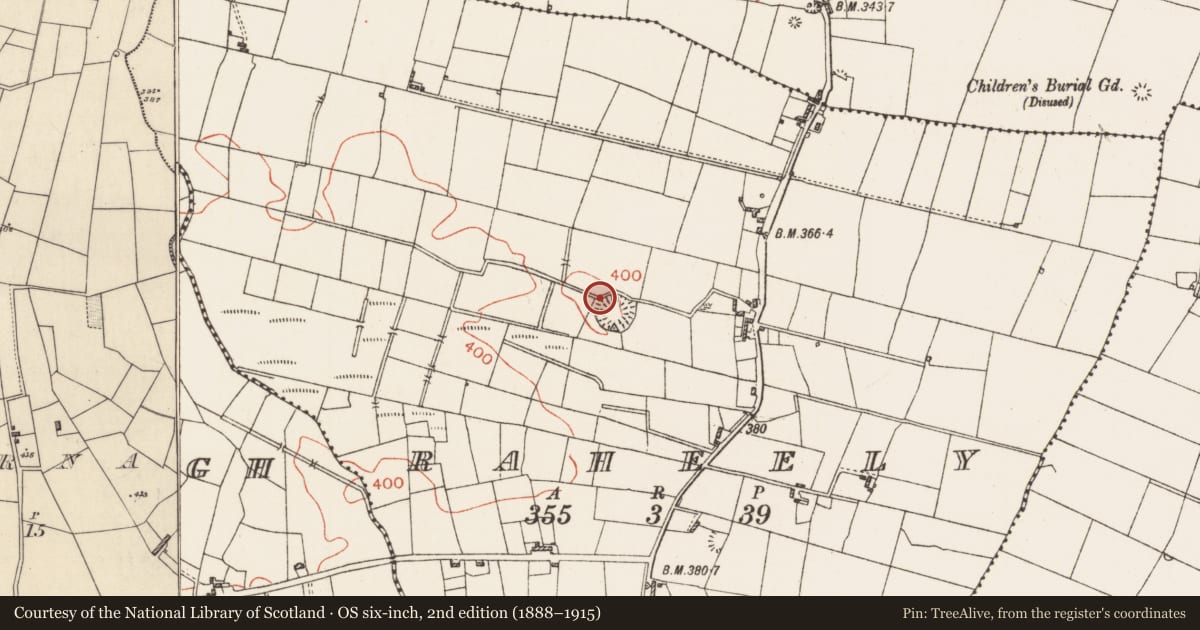 Ordnance Survey six-inch map, 2nd edition (1888–1915) covering the location of Souterrain, Raheely, County Roscommon, with a pin at the register's coordinates