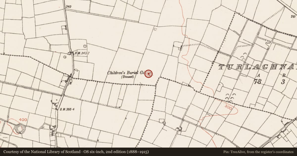 Ordnance Survey six-inch map, 2nd edition (1888–1915) covering the location of Children's burial ground, Portaghard, County Roscommon, with a pin at the register's coordinates