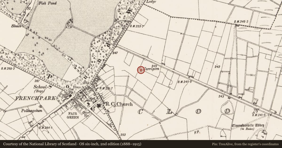Ordnance Survey six-inch map, 2nd edition (1888–1915) covering the location of Mound, Cloonshanville, County Roscommon, with a pin at the register's coordinates