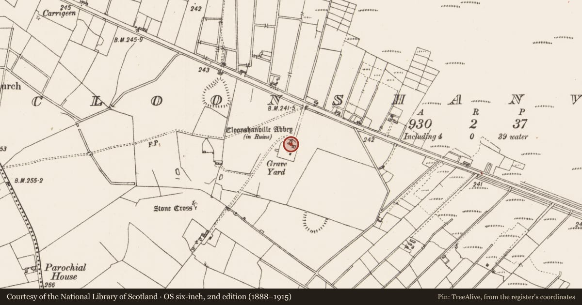 Ordnance Survey six-inch map, 2nd edition (1888–1915) covering the location of Religious house - Dominican friars, Cloonshanville, County Roscommon, with a pin at the register's coordinates