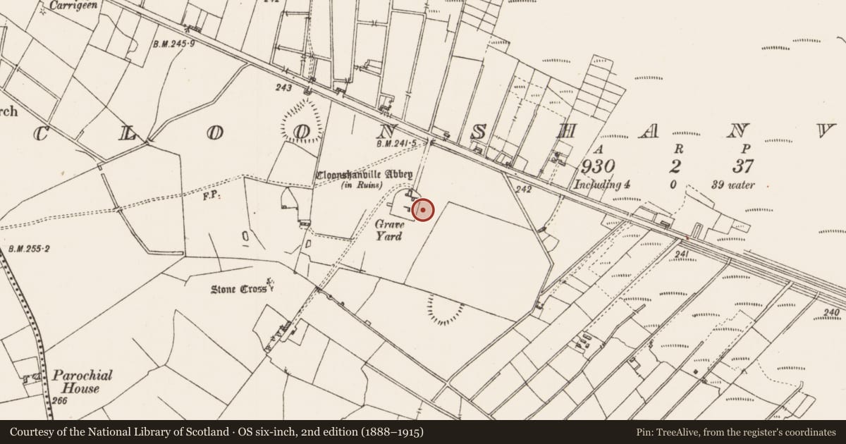 Ordnance Survey six-inch map, 2nd edition (1888–1915) covering the location of Graveyard, Cloonshanville, County Roscommon, with a pin at the register's coordinates