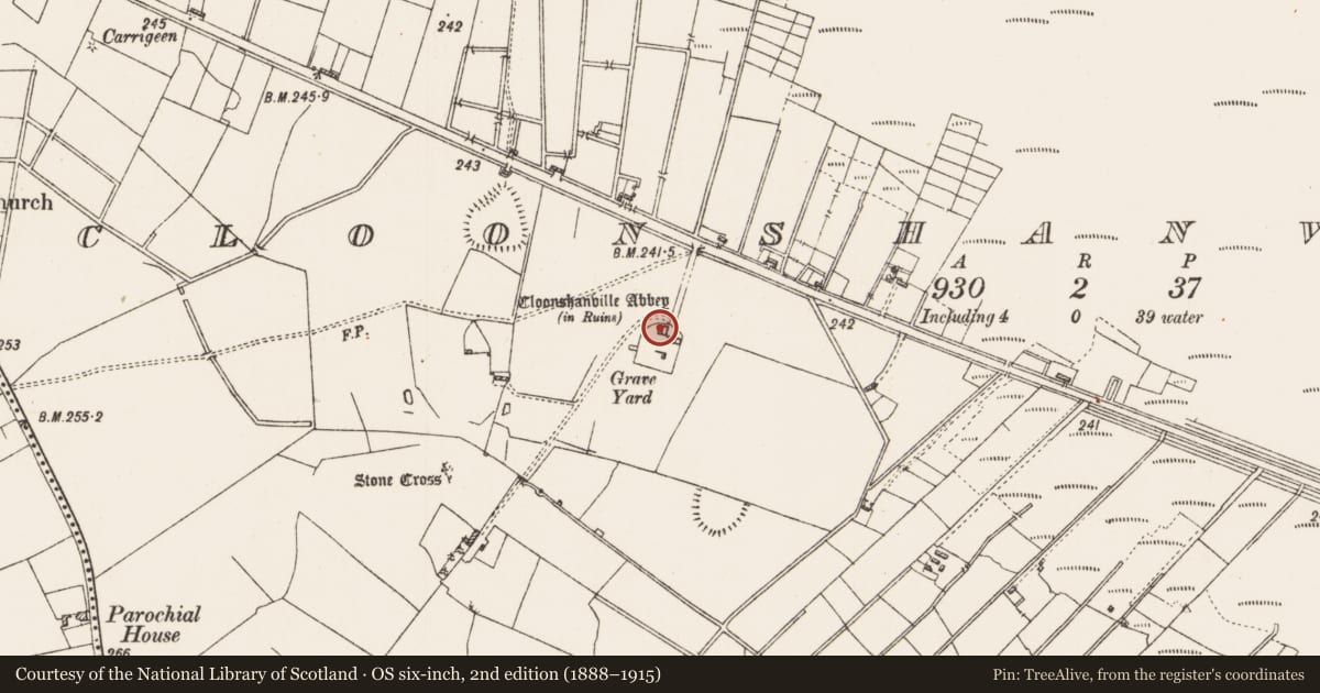 Ordnance Survey six-inch map, 2nd edition (1888–1915) covering the location of Armorial plaque, Cloonshanville, County Roscommon, with a pin at the register's coordinates