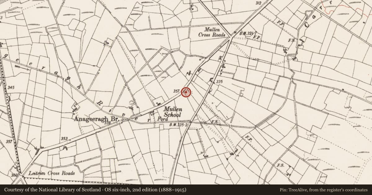 Ordnance Survey six-inch map, 2nd edition (1888–1915) covering the location of Earthwork, Mullen, County Roscommon, with a pin at the register's coordinates
