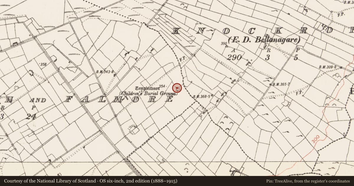 Ordnance Survey six-inch map, 2nd edition (1888–1915) covering the location of Megalithic tomb - court tomb, Cornamucklagh And Falmore, County Roscommon, with a pin at the register's coordinates