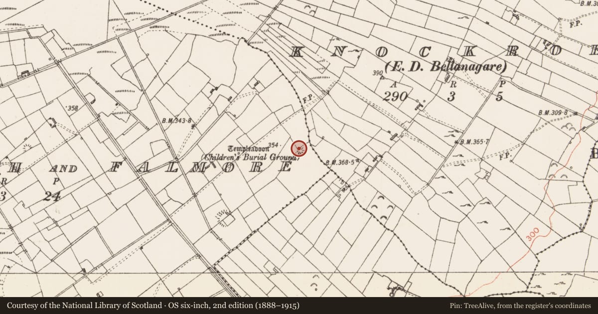 Ordnance Survey six-inch map, 2nd edition (1888–1915) covering the location of Children's burial ground, Cornamucklagh And Falmore, County Roscommon, with a pin at the register's coordinates