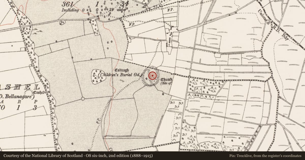Ordnance Survey six-inch map, 2nd edition (1888–1915) covering the location of House - indeterminate date, Ballaghcullia, County Roscommon, with a pin at the register's coordinates