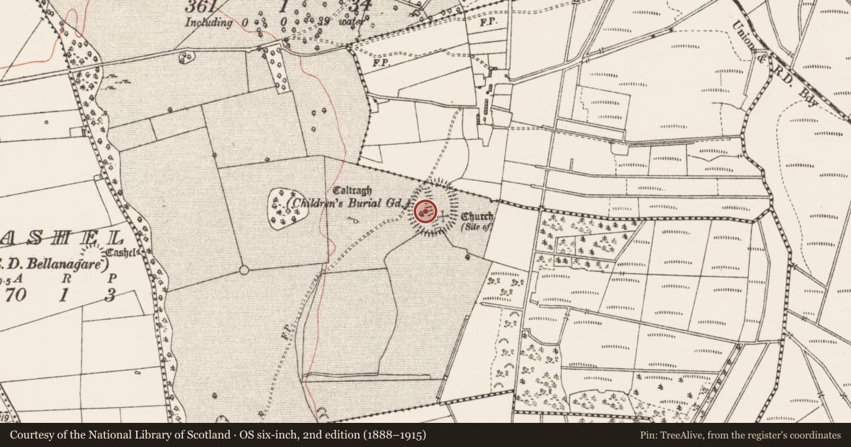 Ordnance Survey six-inch map, 2nd edition (1888–1915) covering the location of House - indeterminate date, Ballaghcullia, County Roscommon, with a pin at the register's coordinates