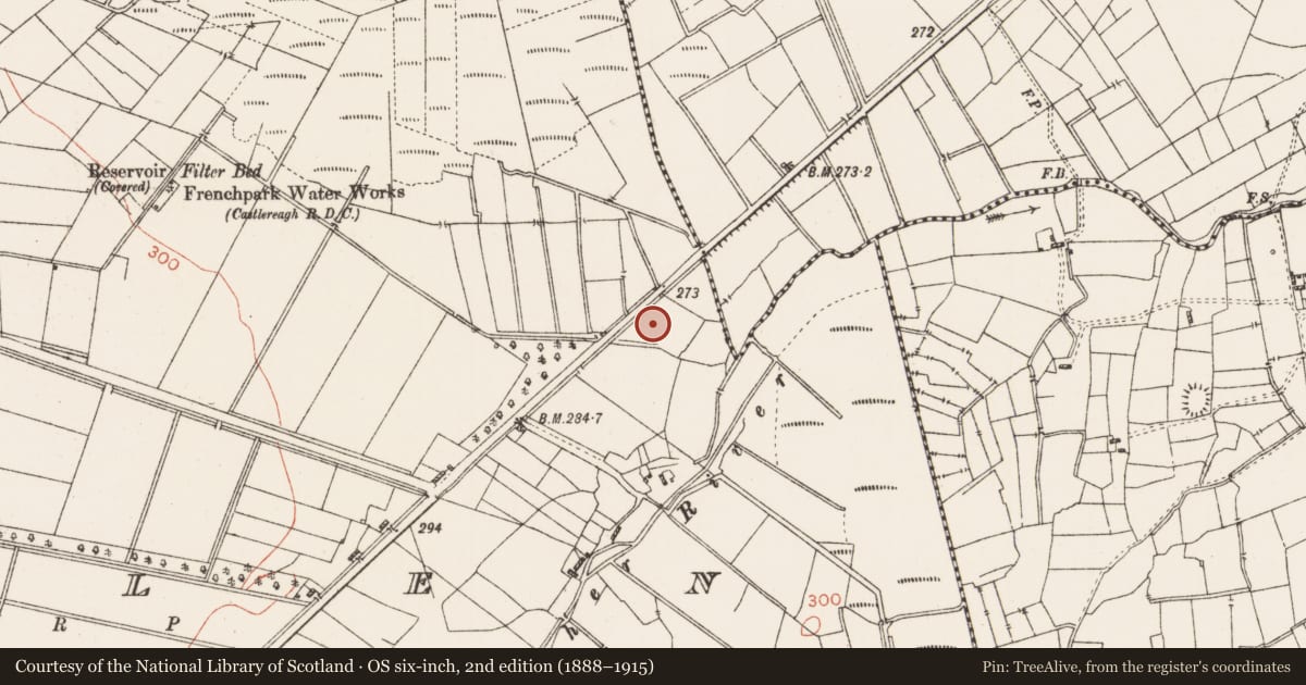 Ordnance Survey six-inch map, 2nd edition (1888–1915) covering the location of Fulacht fia, Mullen, County Roscommon, with a pin at the register's coordinates
