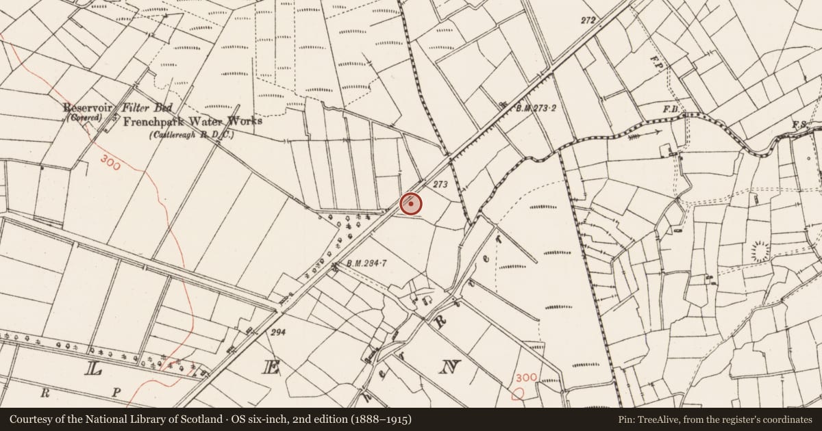 Ordnance Survey six-inch map, 2nd edition (1888–1915) covering the location of Fulacht fia, Mullen, County Roscommon, with a pin at the register's coordinates