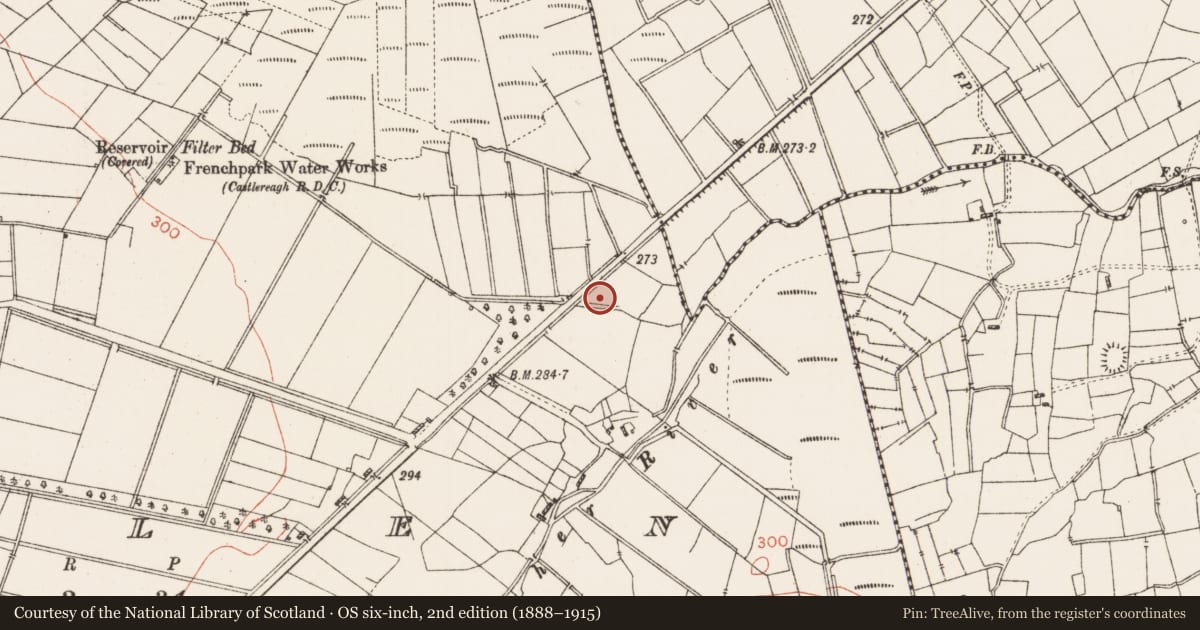Ordnance Survey six-inch map, 2nd edition (1888–1915) covering the location of Fulacht fia, Mullen, County Roscommon, with a pin at the register's coordinates