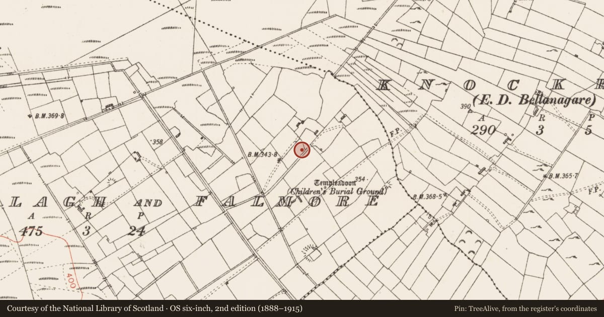 Ordnance Survey six-inch map, 2nd edition (1888–1915) covering the location of Hut site, Cornamucklagh And Falmore, County Roscommon, with a pin at the register's coordinates