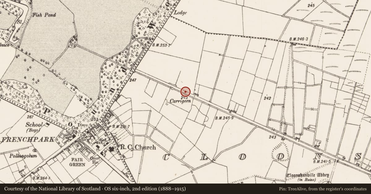 Ordnance Survey six-inch map, 2nd edition (1888–1915) covering the location of Burnt mound, Cloonshanville, County Roscommon, with a pin at the register's coordinates