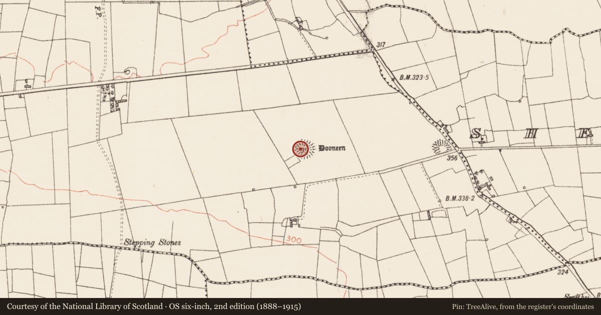 Ordnance Survey six-inch map, 2nd edition (1888–1915) covering the location of Ringfort - rath, Dooneen, County Roscommon, with a pin at the register's coordinates