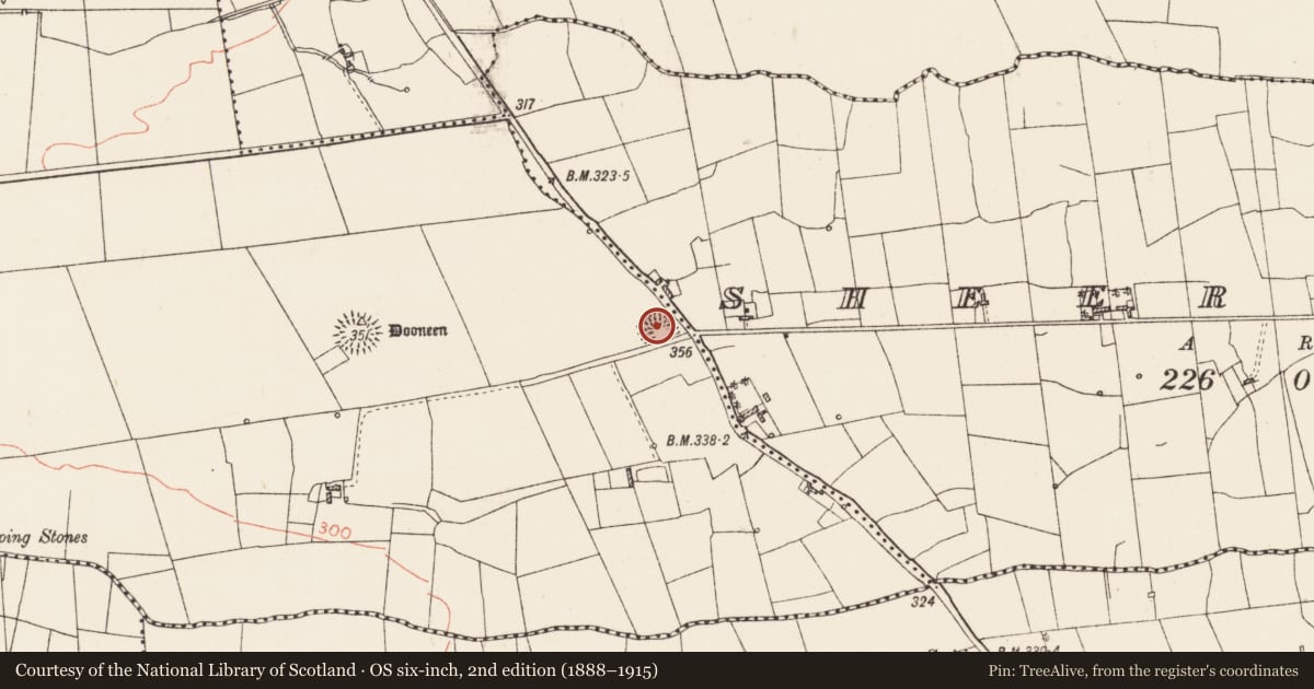 Ordnance Survey six-inch map, 2nd edition (1888–1915) covering the location of Ringfort - rath, Dooneen, County Roscommon, with a pin at the register's coordinates