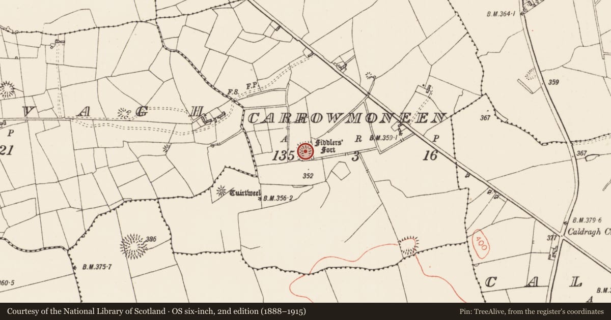 Ordnance Survey six-inch map, 2nd edition (1888–1915) covering the location of Moated site, Carrowmoneen, County Roscommon, with a pin at the register's coordinates