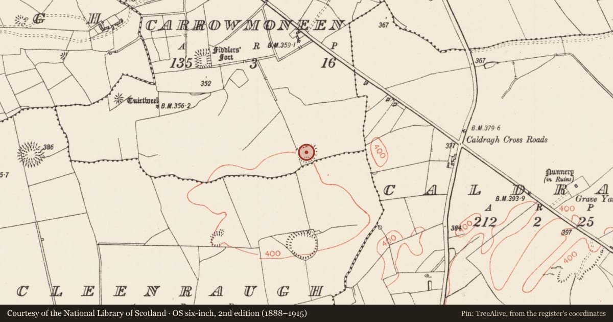 Ordnance Survey six-inch map, 2nd edition (1888–1915) covering the location of Ringfort - rath, Carrowmoneen, County Roscommon, with a pin at the register's coordinates