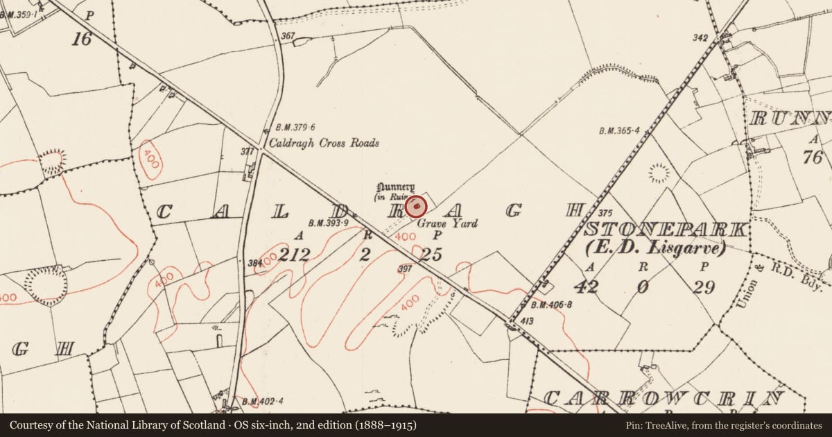 Ordnance Survey six-inch map, 2nd edition (1888–1915) covering the location of Graveyard, Caldragh, County Roscommon, with a pin at the register's coordinates