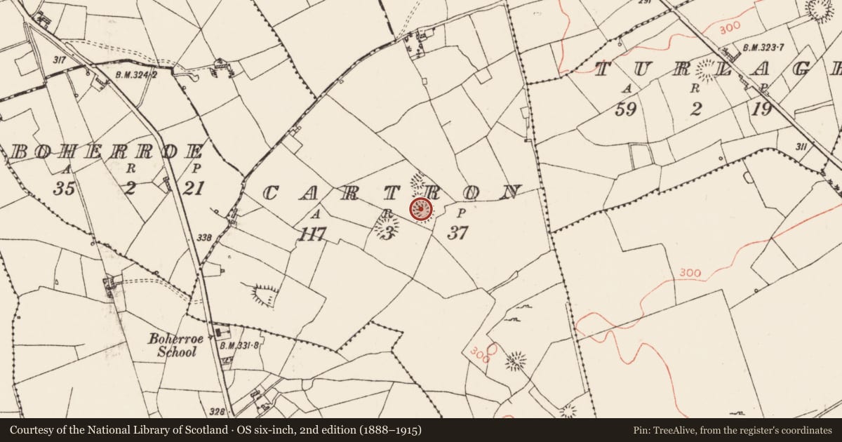 Ordnance Survey six-inch map, 2nd edition (1888–1915) covering the location of Ringfort - cashel, Cartron, County Roscommon, with a pin at the register's coordinates