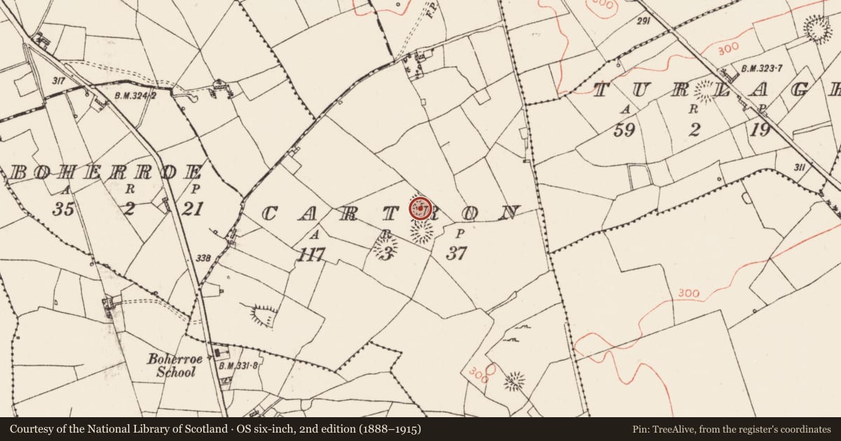 Ordnance Survey six-inch map, 2nd edition (1888–1915) covering the location of Enclosure, Cartron, County Roscommon, with a pin at the register's coordinates