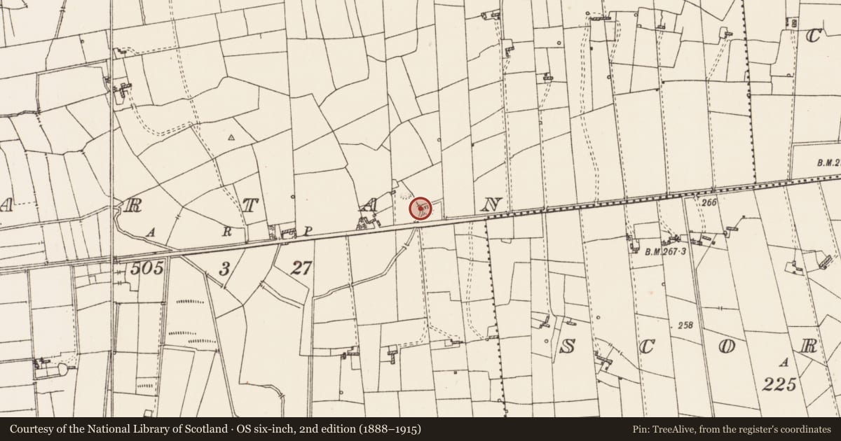 Ordnance Survey six-inch map, 2nd edition (1888–1915) covering the location of Fulacht fia, Tartan, County Roscommon, with a pin at the register's coordinates