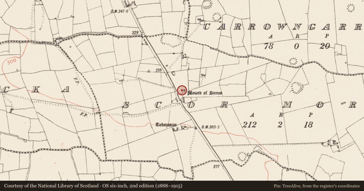 Ordnance Survey six-inch map, 2nd edition (1888–1915) covering the location of Penitential station, Scor More, County Roscommon, with a pin at the register's coordinates