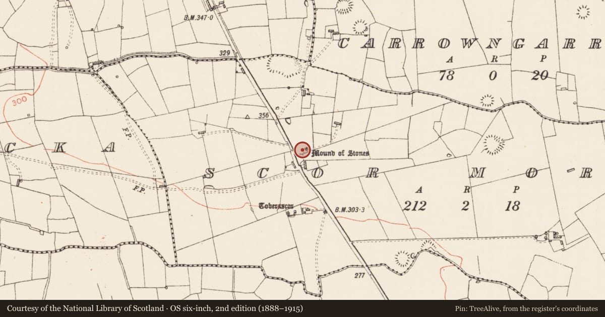 Ordnance Survey six-inch map, 2nd edition (1888–1915) covering the location of Bullaun stone, Scor More, County Roscommon, with a pin at the register's coordinates