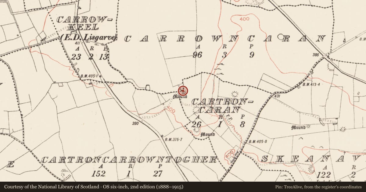 Ordnance Survey six-inch map, 2nd edition (1888–1915) covering the location of Barrow - mound barrow, Cartroncaran, County Roscommon, with a pin at the register's coordinates