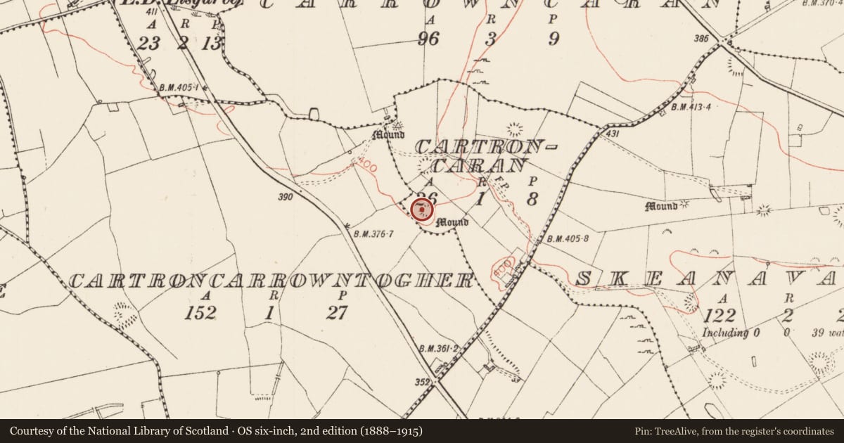 Ordnance Survey six-inch map, 2nd edition (1888–1915) covering the location of Barrow - mound barrow, Cartroncaran, County Roscommon, with a pin at the register's coordinates