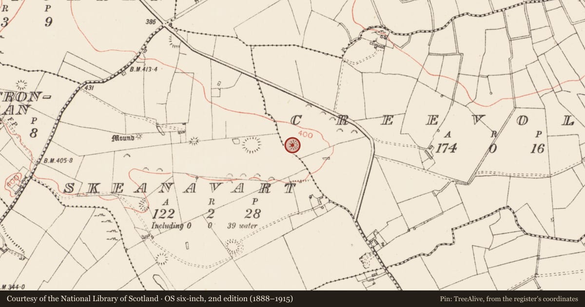 Ordnance Survey six-inch map, 2nd edition (1888–1915) covering the location of Barrow - ring-barrow, Creevolan, County Roscommon, with a pin at the register's coordinates