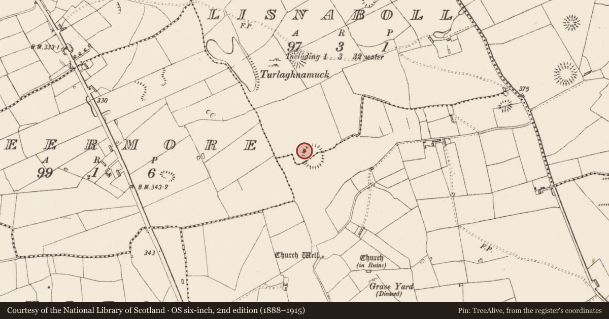 Ordnance Survey six-inch map, 2nd edition (1888–1915) covering the location of Souterrain, Lisnaboll, County Roscommon, with a pin at the register's coordinates