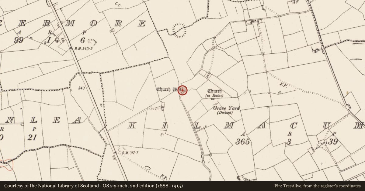 Ordnance Survey six-inch map, 2nd edition (1888–1915) covering the location of Ritual site - holy well, Kilmacumsy, County Roscommon, with a pin at the register's coordinates