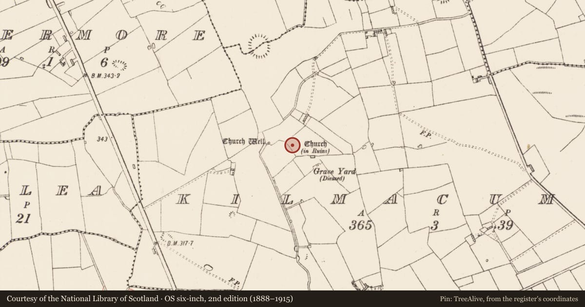 Ordnance Survey six-inch map, 2nd edition (1888–1915) covering the location of Souterrain, Kilmacumsy, County Roscommon, with a pin at the register's coordinates